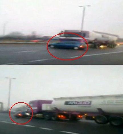 자동차 끼인지 모르고 100km로 달린 황당 트럭