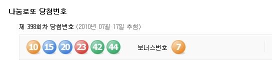 398회 나눔로또 1등 4명 26억, 2등 31명 5,764만원