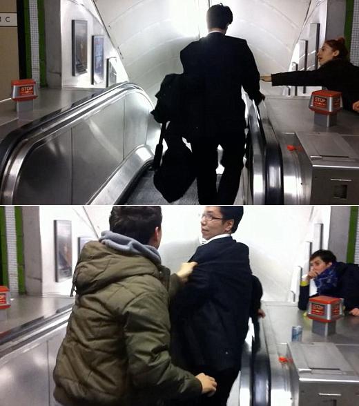 “딸꾹~” 에스컬레이터 역방향 타고 계속 걷는 술취한男