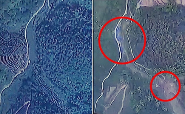 중국 여객기 추락 전후 위성사진…울창했던 삼림 시뻘건 맨땅으로