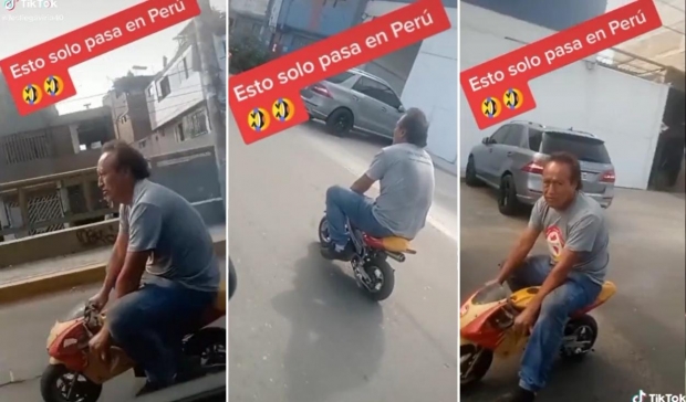 “기름값 아끼려고 그러지!” 어린이용 오토바이 타는 페루 남성