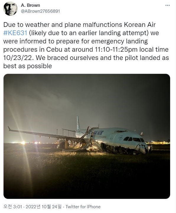 대한항공 세부 활주로 이탈 사고 승객이 전한 긴박한 순간