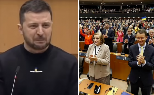[영상] “영웅들에게 영광을!”…젤렌스키, EU 한복판서 끝내 울먹였다