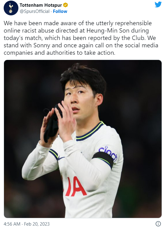 “우리는 쏘니 편!”…토트넘, 또 인종차별 당한 손흥민 위해 강경 대응