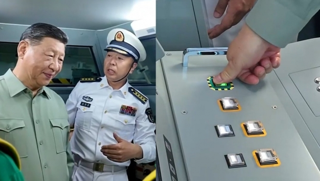 “이게 사출 버튼인가?”…中 항공모함 푸젠함 취역식 온 시진핑