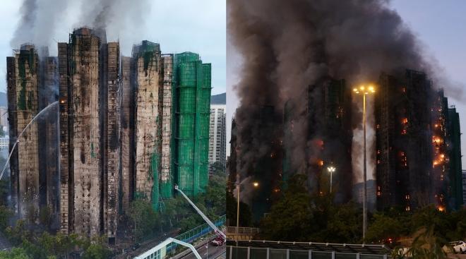 치솟는 불길에 ‘활활’…드론으로 촬영한 홍콩 아파트 화재 참사 (영상)