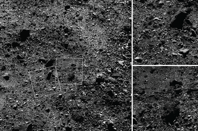 소행성 베누 북반구의 와이드 앵글 이미지(왼쪽), 2장의 클로즈업 이미지. NASA/Goddard/University of Arizona