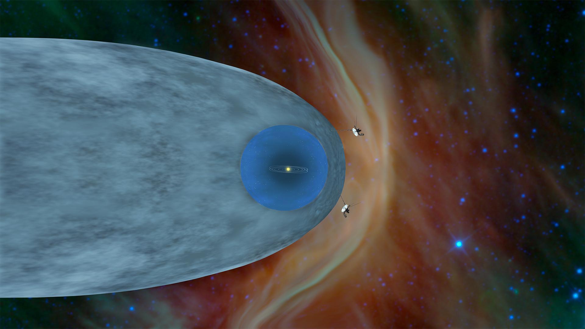 보이저 1, 2호가 헬리오포즈를 지나 성간공간으로 진출한 상상도.출처=NASA/JPL-Caltech<br>