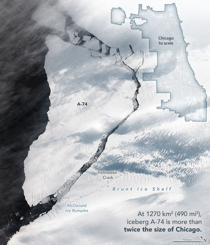 NASA 위성이 촬영한 A-74 빙산의 모습.