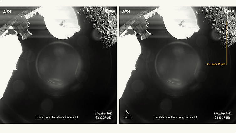 수성 고도 1183km에서 찍은 아스트롤라베 루페스. 떠오르는 태양의 빛이 비추고 있다. 앞쪽에 MPO 송신 안테나가 전경에서 밝게 빛나며, 이미지 중간에 고스트 효과를 만들고 있다.(출처= ESA/BepiColombo/MTM, CC BY-SA 3.0 IGO)