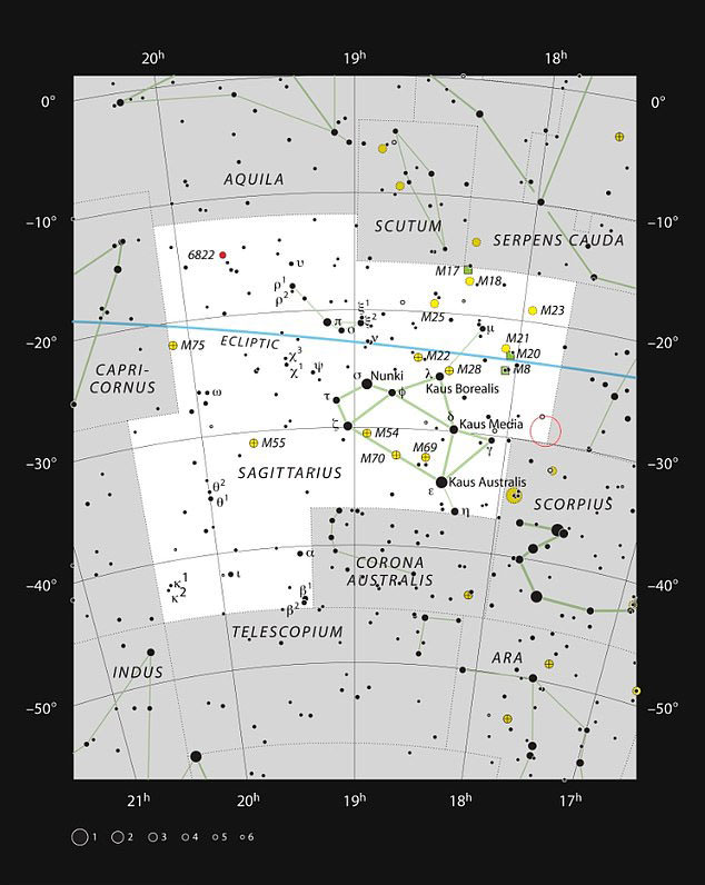 궁수자리 A별(빨간색 동그라미)의 위치를 보여주는 차트(사진=ESO/IAU/Sky & Telescope)