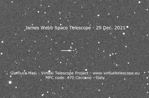 지난달 29일 벨라트릭스 천문대에서 포착한 제임스웹 우주망원경. 작은 점으로 보인다.