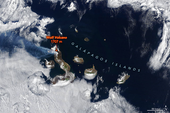 테라 위성에 촬영된 이사벨라 섬의 울프 화산
