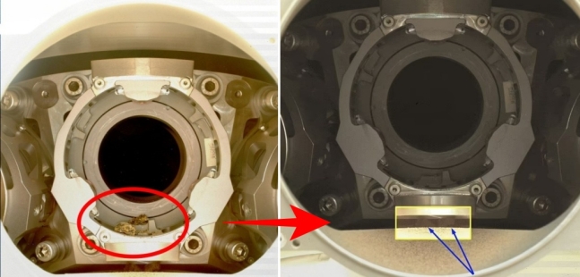 미국항공우주국(NASA)의 화성탐사 로버 퍼서비어런스 부품에 끼인 장애물(왼쪽)과 장애물이 제거된 부분(오른쪽)