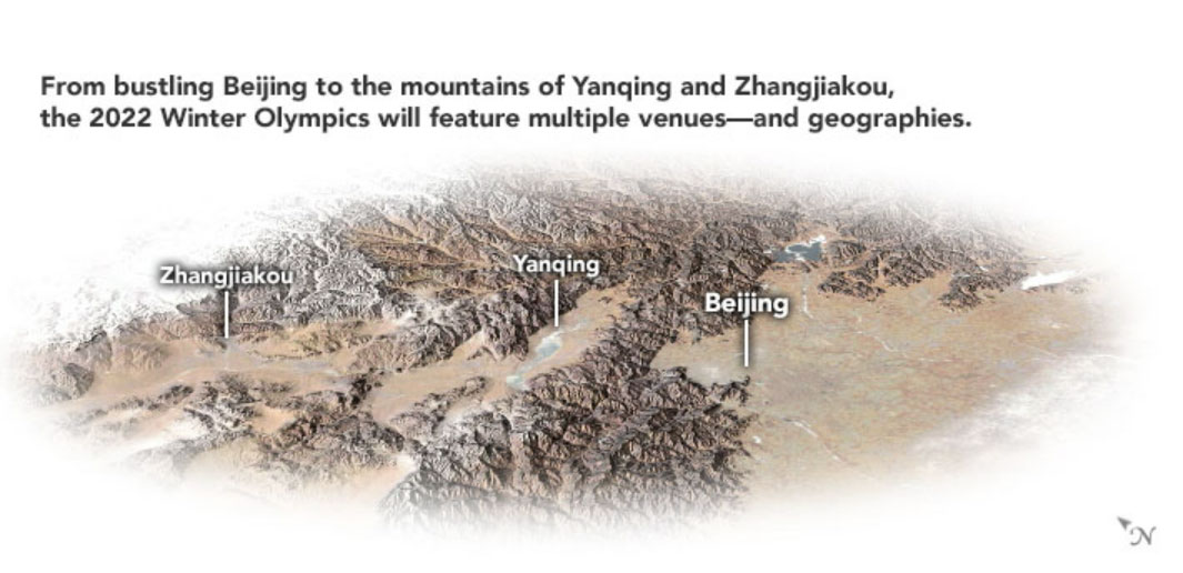 3차원으로 구성한 베이징 동계올림픽 개최지. 산지와 평지가 만나는 장자커우 시(왼쪽)와 분지인 옌칭(가운데) 그리고 평지인 베이징(오른쪽)의 모습.(사진=NASA)<br>