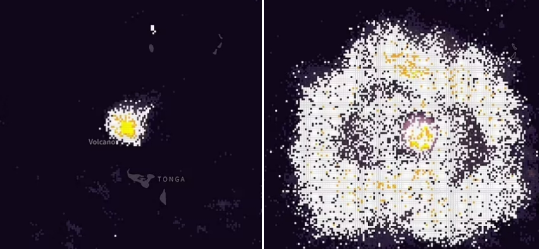 지난달 15일 남태평양 통가 인근 해역에서 해저화산 폭발이 발생했을 당시, 해당 지역에 내리치는 번개의 크기와 횟수 등의 데이터로 만든 그래픽 영상 캡쳐. 핀란드 환경기상센서 제조업체 바이살라의 제공