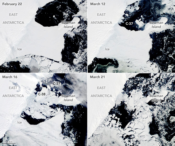 미 항공우주국(NASA) 랜드샛 8호 위성이 촬영한 콩거 빙붕의 붕괴 과정. 사진=NASA