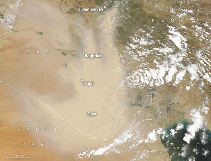 지난 5일 테라 위성이 촬영한 이라크 전역의 모습. 사진=NASA