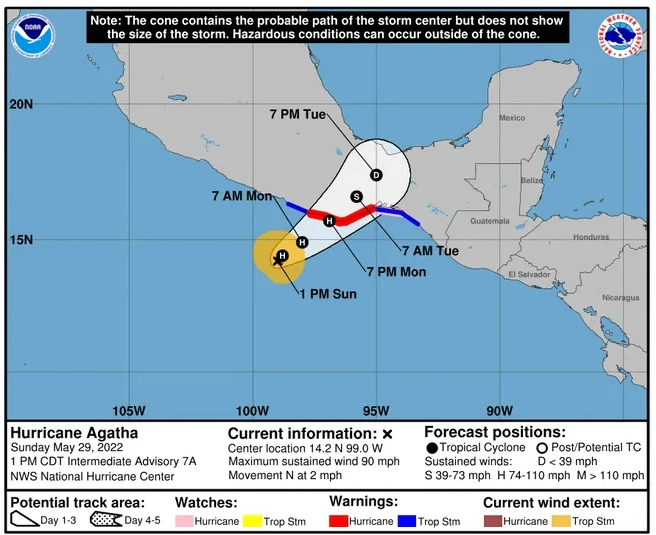 29일 오전 11시 20분, 멕시코 태평양 해안에서 형성된 허리케인 ‘애거사’의 예상 이동경로 (출처 NOAA)