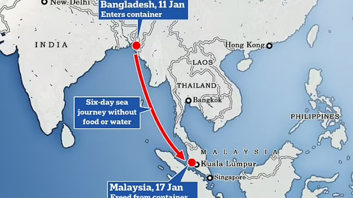 방글라데시 국적의 15세 소년은 숨바꼭질 중 컨테이너에 숨었다가 잠이 들었고, 6일 뒤 3200km가 넘게 떨어진 말레이시아 항만에서 발견됐다. 사진은 방글라데시 소년의 이동 경로