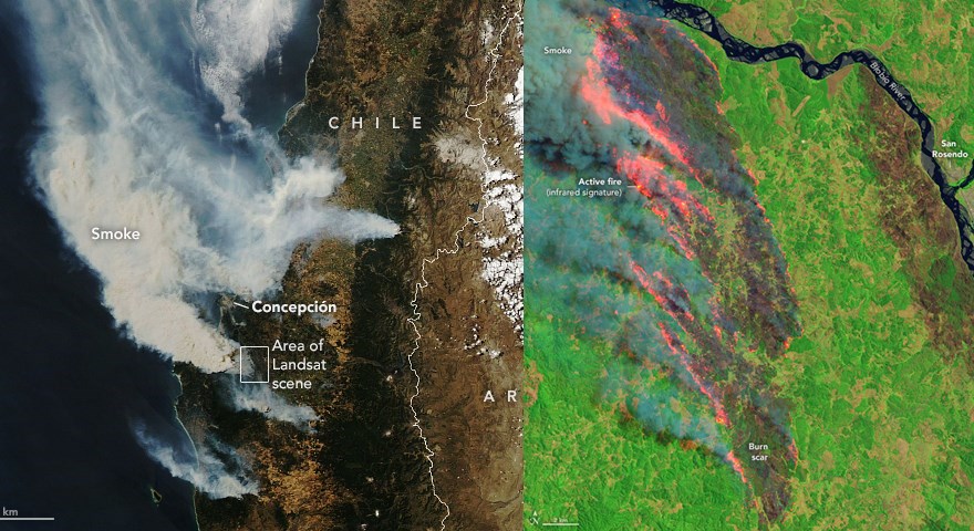 NASA의 지구관측위성으로 포착한 칠레 산불의 모습. 사진=NASA