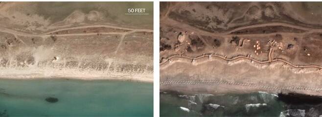 맥사 테크놀로지 위성으로 본 비티노 지역 해변의 모습. 왼쪽은 지난 2월 27일, 오른쪽은 3월 12일의 모습이다.