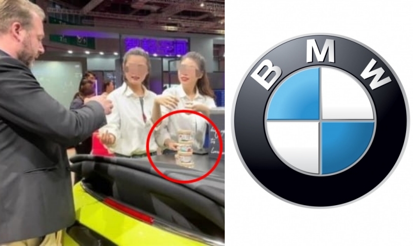 지난 18일 개막한 2023 상하이 모터쇼에서 외국인 남성에게 아이스크림을 건네고 있는 BMW 미니 전시장 직원. 웨이보 캡쳐(왼쪽)