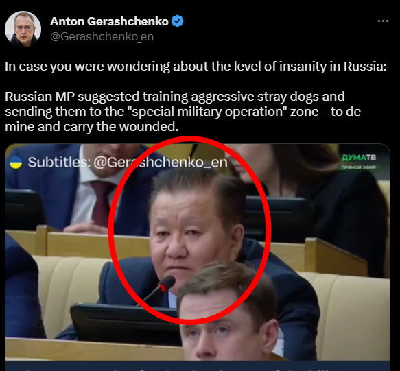 붉은 동그라미 속 인물은 전장에서 지뢰제거에 유기견을 이용하자고 제안한 러시아의 국회의원. 평소 전쟁광으로 알려져 있다. 사진은 안톤 게라셴코 우크라이나 내무부 고문