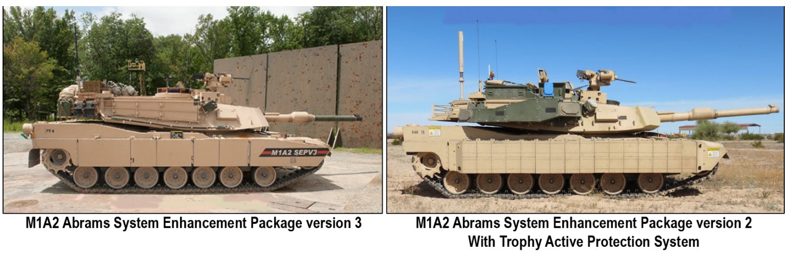 M1A2 SEPv3(좌)와 트로피 APS를 장착한 M1A2 SEPv2(우). 출처 미 육군