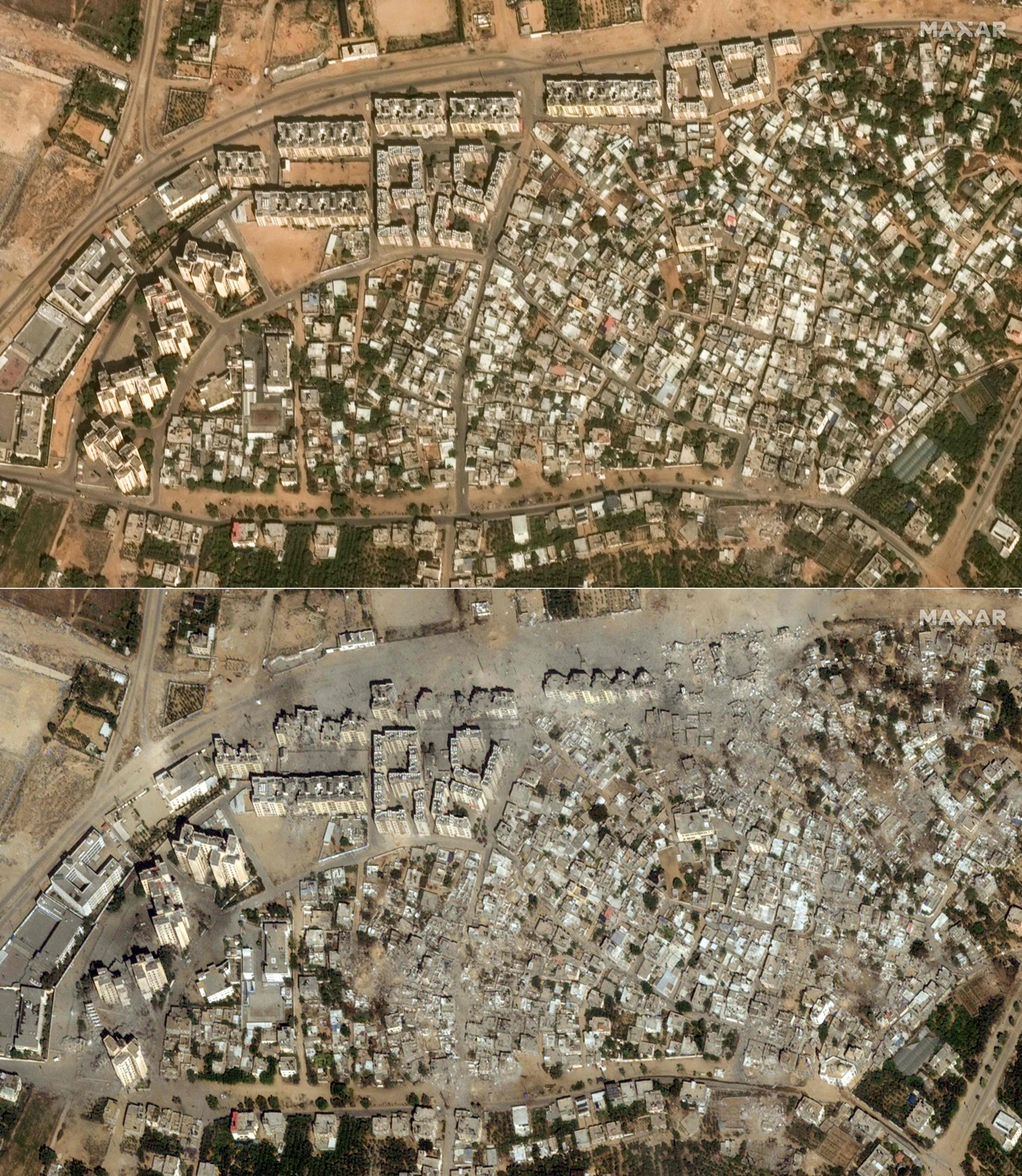 이스라엘의 공습으로 처참하게 파괴된 가자지구 이즈바트 베이트 하눈 지역의 전과 후 사진 비교. 사진=MAXAR TECHNOLOGIES