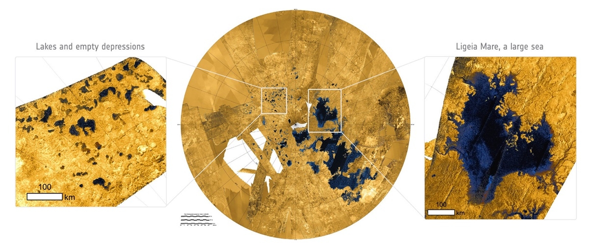 타이탄의  ‘마법의 섬’  카시니 탐사선이 포착한 마법의 섬.  사진=NASA/JPL-Caltech/ASI/USGS; left and right, NASA/ESA, T. Cornet, ESA