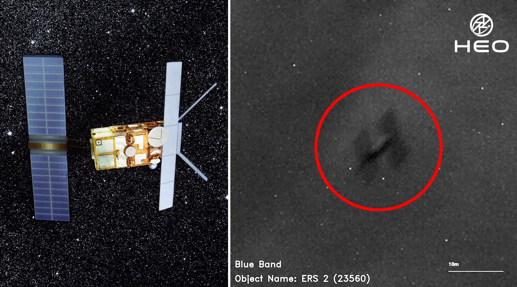 유럽원격탐사위성 2호(ERS-2)의 이미지(왼쪽)와 최근 카메라에 포착된 실제 모습. / 출처=ESA