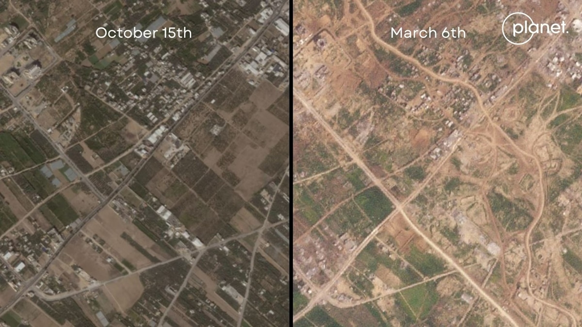 지난해 10월 15일(좌측)과 지난 6일 위성사진. 가자지구 북부 지역을 가로지르는 두 도로가 선명하게 보인다. 출처=플래닛랩스