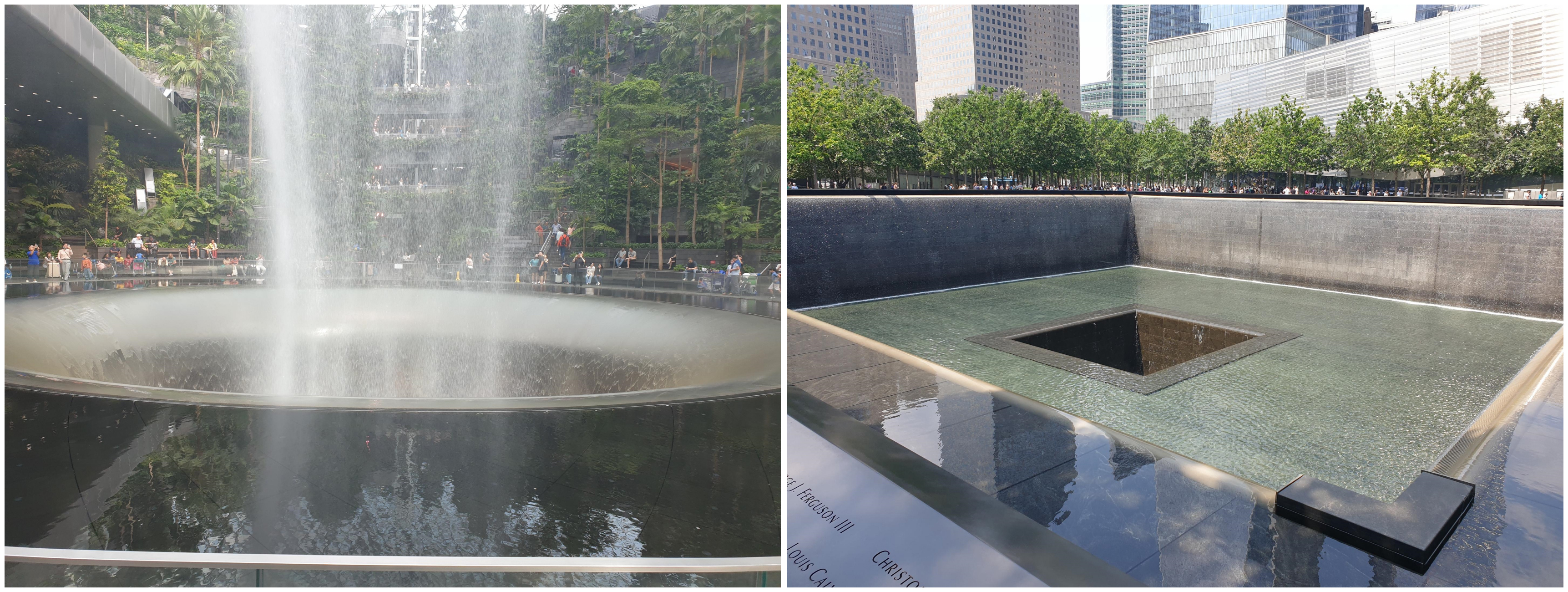 싱가로프 쥬얼창이 폭포수 하부 모습(왼쪽)과 미국 뉴욕  맨해튼 메모리얼 파크 사각 연못.