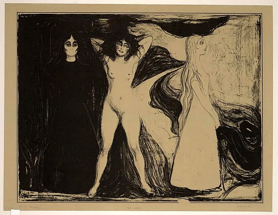 뭉크. ‘여인의 세 시기: 스핑크스’, 1899, 석판화, 40x59.6cm, 알베르티나 미술관. thumbnail - 뭉크. ‘여인의 세 시기: 스핑크스’, 1899, 석판화, 40x59.6cm, 알베르티나 미술관.