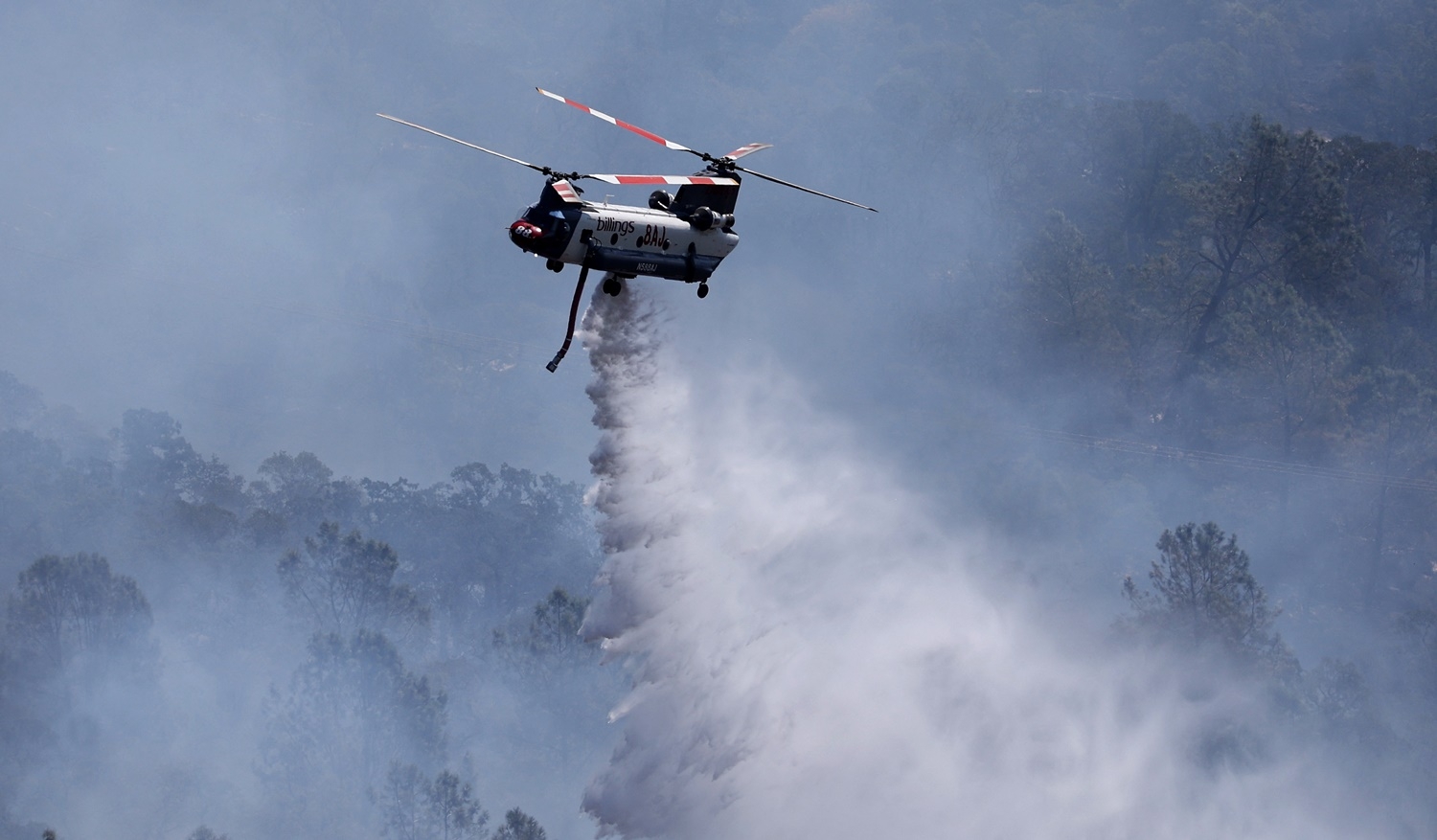 3일 캘리포니아 오로빌에서 소방 헬기가 화재를 진압하기 위해 물을 쏟아붓고 있다. AFP 연합뉴스