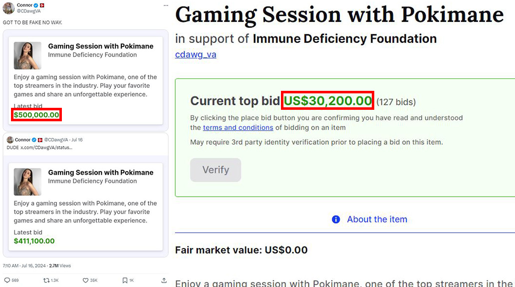 경매 주최자인 CDawgVA는 16일 자신의 엑스(X·옛 트위터)에 포키메인과의 1대1게임권이 50만달러(약 6억9055만원)에 거래된 캡처본을 공유했지만, 현재 틸티파이 공식 홈페이지에서 확인되는 최고 경매가는 3만2백달러(약 4169만원)다