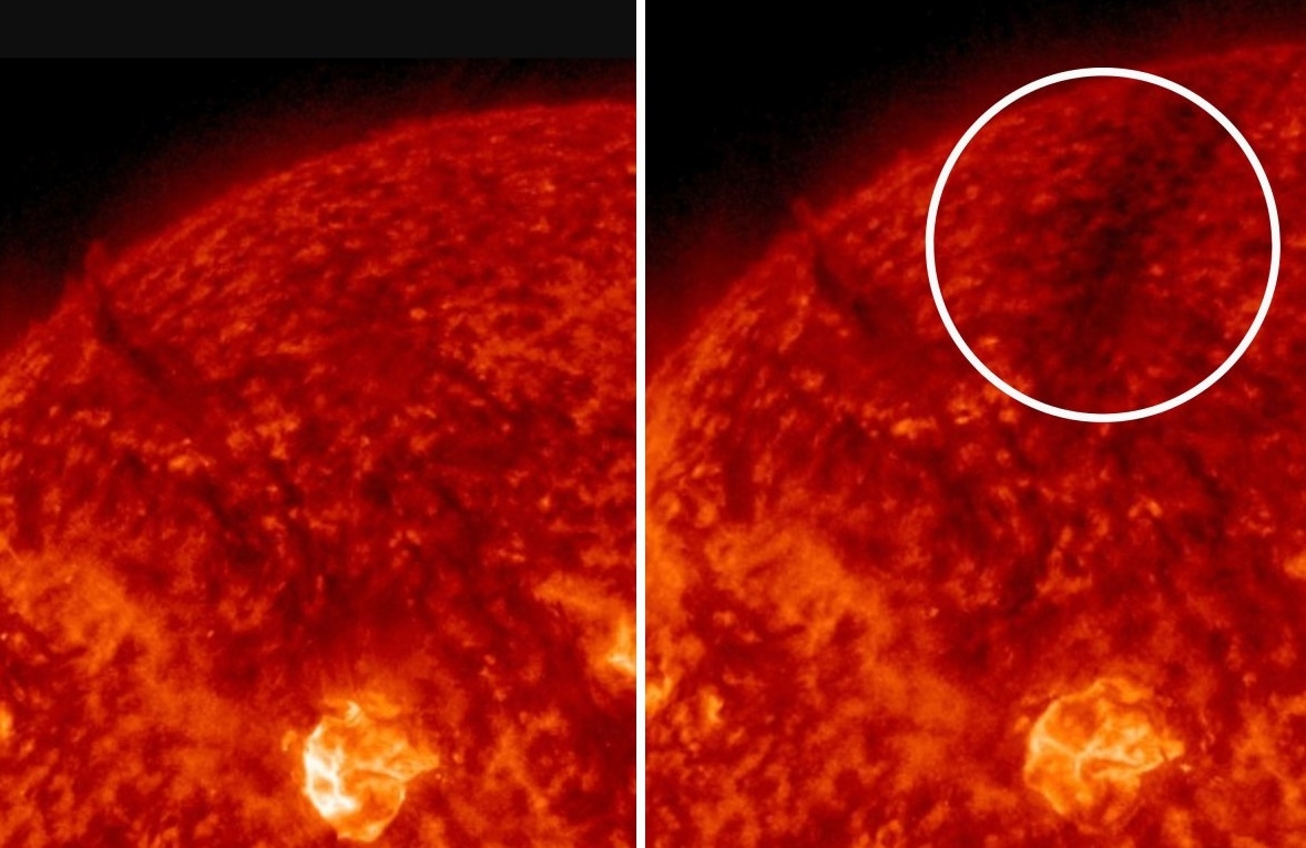 지난 21일 태양이 뿜어낸 검은 플라스마. 사진=NASA/SDO