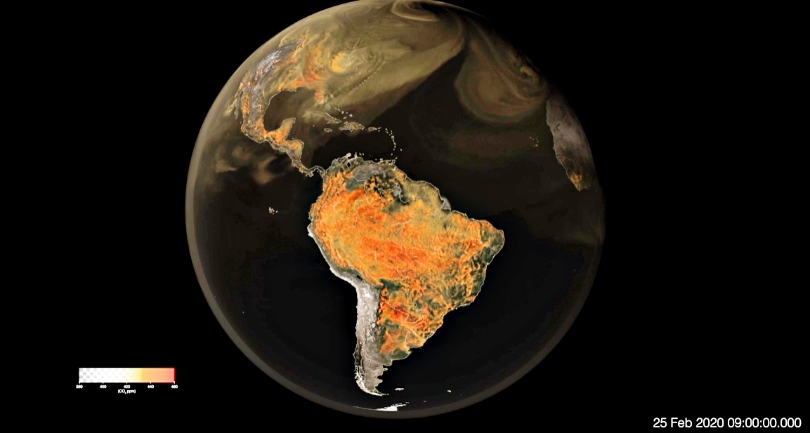 지구 각지에서 발생하는 이산화탄소를 시각화(주황색)한 영상 지도 캡처. NASA 제공