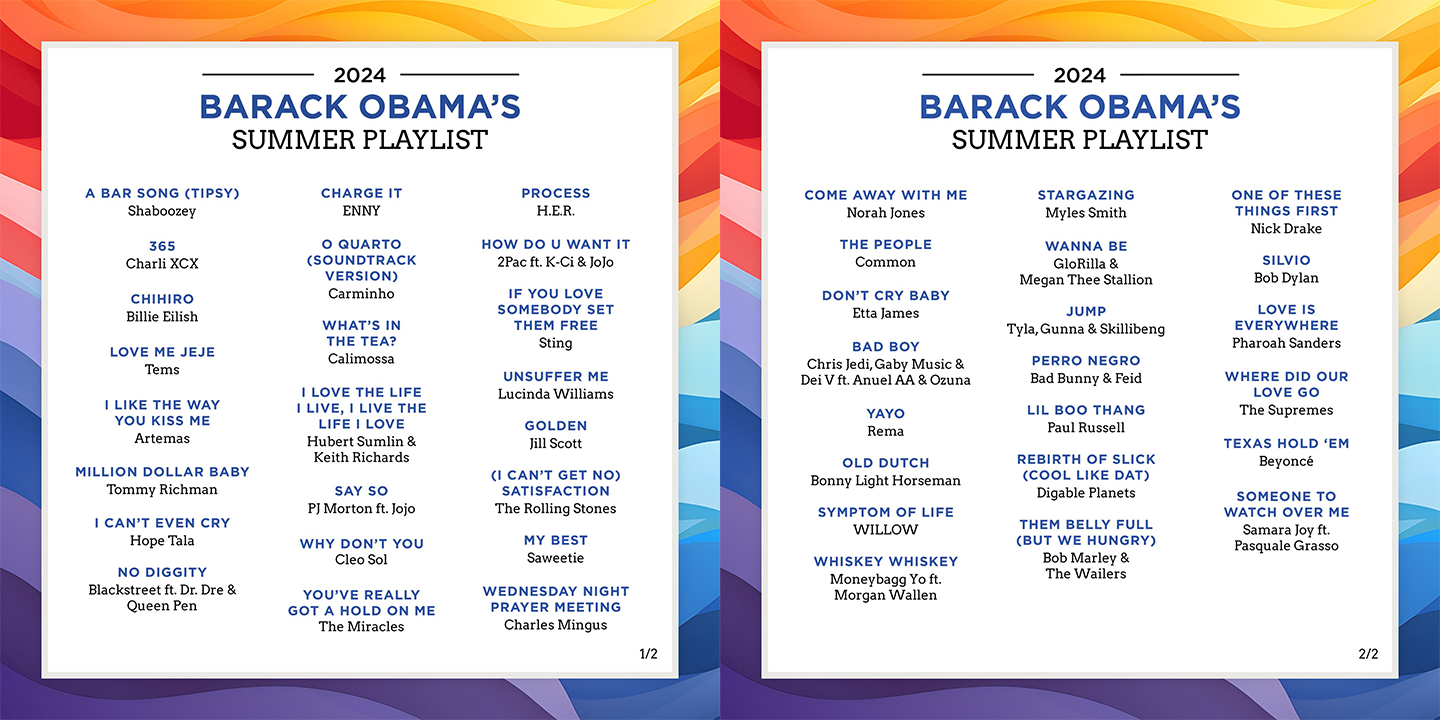버락 오바마의 ‘2024 여름 플레이리스트’ 공개. 출처=버락 오바마 공식 엑스