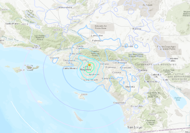 12일(현지시간) 미 지질조사국(USGS)에 따르면 이날 낮 12시 20분쯤 LA 시청에서 북동쪽으로 10.5㎞ 떨어진 하이랜드 파크 인근 주택가에서 지진이 발생했다. 진원의 깊이는 약 11㎞로 기록됐다. / 사진=USGS