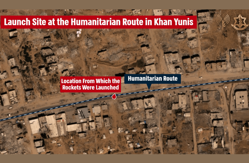 가자지구 남부 칸유니스의 인도주의적 지역에서 하마스 전투원들이 로켓을 발사한 장소를 보여주는 인포그래픽 / 사진=이스라엘군 대변인