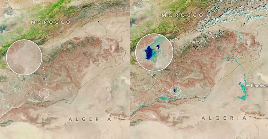 지난 10일(오른쪽)과 지난달 14일 테라 위성이 촬영한 사하라 사막. 사진=NASA