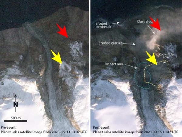 지난해 9월 그린란드 피요르드 산사태 발생 30분 전(왼쪽)과 발생 7분 후 인공위성 사진. 플래닛랩스 제공