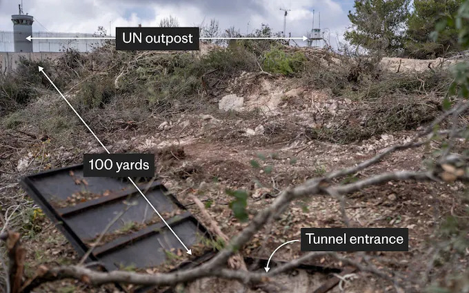 이스라엘군은 전날 텔레그래프 취재진에 레바논 남부 나쿠라의 유니필 감시초소에서 불과 100m도 떨어지지 않은 곳에 있는 헤즈볼라의 지하 터널(땅굴) 입구를 직접 공개했다. / 사진=텔레그래프