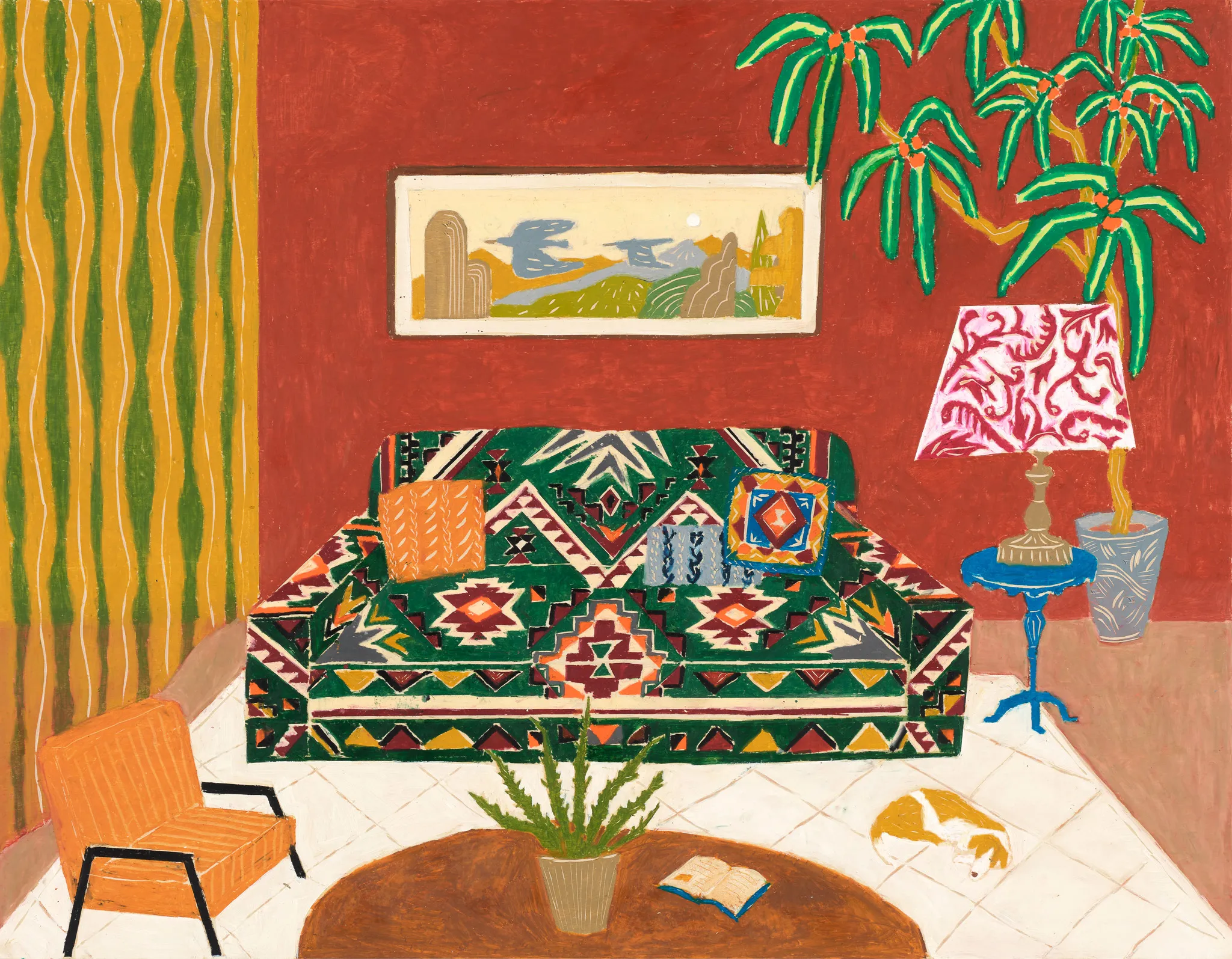 Ayano Tamuro, Room With Reddish Brown Walls and Green Patterned Sofa, 2024, Oil pastel on wooden panel, 91x116.7㎝. 갤러리 비선재 제공.