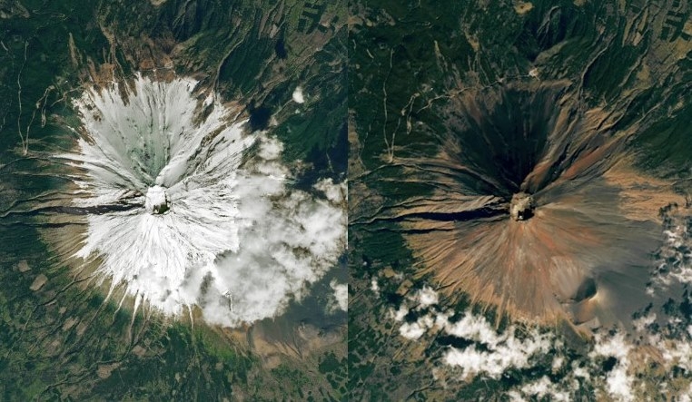 NASA 랜드샛8 위성이 촬영한 지난해 10월 30일(사진 왼쪽) 후지산 정상과 지난 9일 모습. 사진 출처=NASA