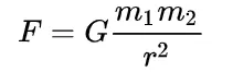 F는 인력, G는 만유인력 상수, m1과 m2는 두 물체의 질량, r은 두 물체 사이의 거리.