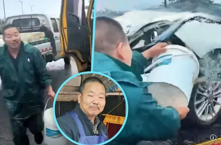 지난달 중국 저장성 진화시(市)의 고속도로에서 트레일러에 실려 가던 전기차에서 화재가 발생했다. 이에 현장에 있던 수산업자(가운데 동그라미)가 자신의 수조 차량에서 물을 빼 화재를 초기에 진압하는 모습(오른쪽) thumbnail - 지난달 중국 저장성 진화시(市)의 고속도로에서 트레일러에 실려 가던 전기차에서 화재가 발생했다. 이에 현장에 있던 수산업자(가운데 동그라미)가 자신의 수조 차량에서 물을 빼 화재를 초기에 진압하는 모습(오른쪽)
