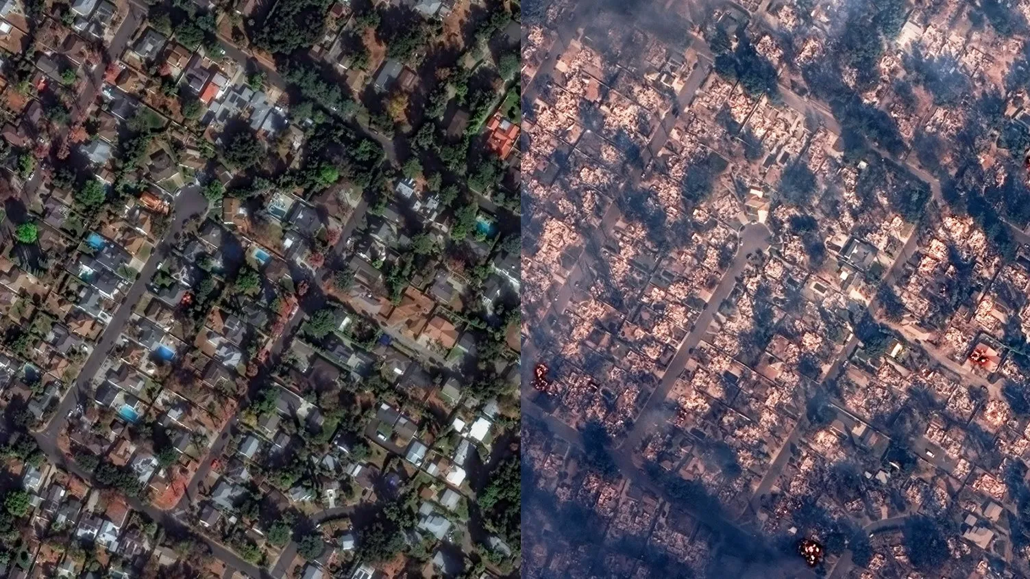 지난 6일(왼쪽)과 8일 산불 전후로 촬영된 알타데나의 가옥과 건물들.  맥사 테크놀로지